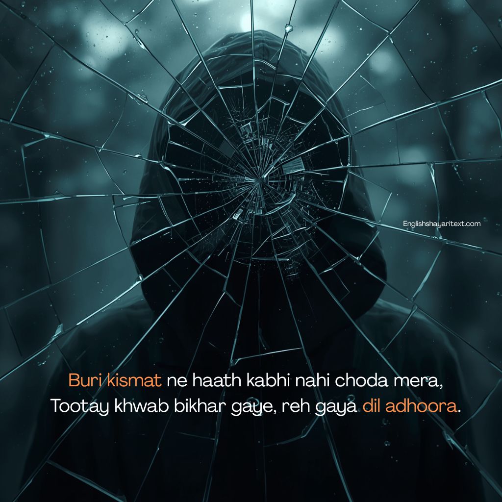 kismat kharab shayari in roman english showing bad luck heartbreak broken dreams muqaddar pain and emotional struggle in life